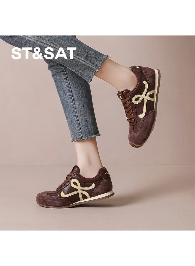 St&sat Comfortable Vintage Lightweight Flat Fleece-lined Derby Shoes For Women Fashionable Commuter Versatile Casual Sneakers Coffee Color Size 37 - Image 4