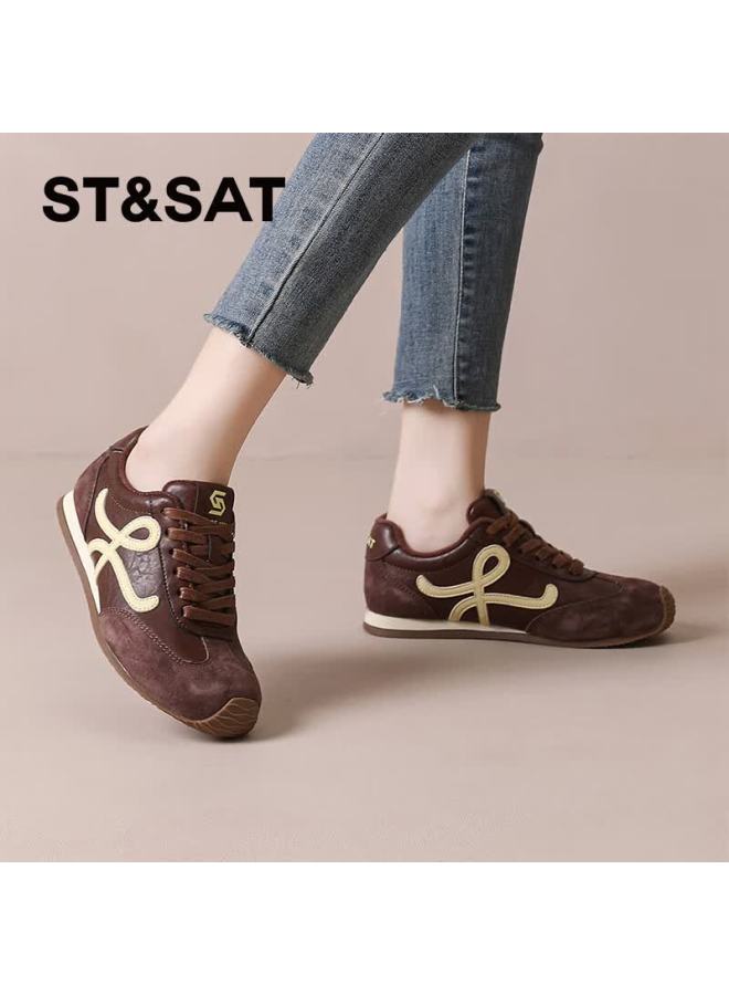 St&sat Comfortable Vintage Lightweight Flat Fleece-lined Derby Shoes For Women Fashionable Commuter Versatile Casual Sneakers Coffee Color Size 37 - Image 3