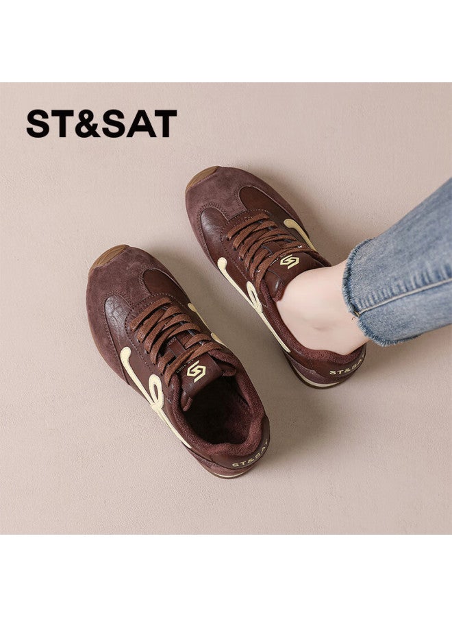 St&sat Comfortable Vintage Lightweight Flat Fleece-lined Derby Shoes For Women Fashionable Commuter Versatile Casual Sneakers Coffee Color Size 37 - Image 2