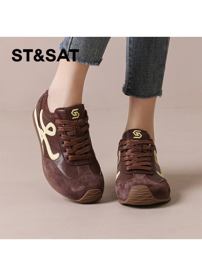 St&sat Comfortable Vintage Lightweight Flat Fleece-lined Derby Shoes For Women Fashionable Commuter Versatile Casual Sneakers Coffee Color Size 37 - Image 5
