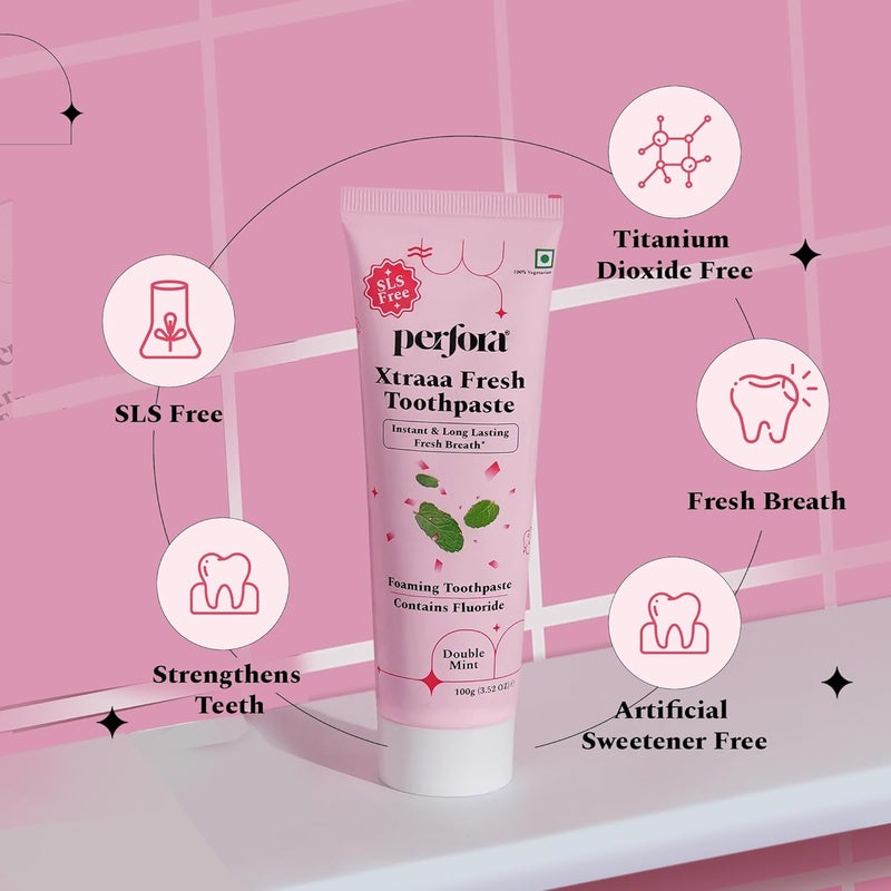Perfora مجموعة تبييض الأسنان | فرشاة أسنان يدوية عبوة من 2 ومعجون أسنان إكسترا فريش - 100 جرام | تركيبة آمنة للمينا وخالية من الحساسية للعناية بالفم وإزالة بقع الأسنان - Image 2