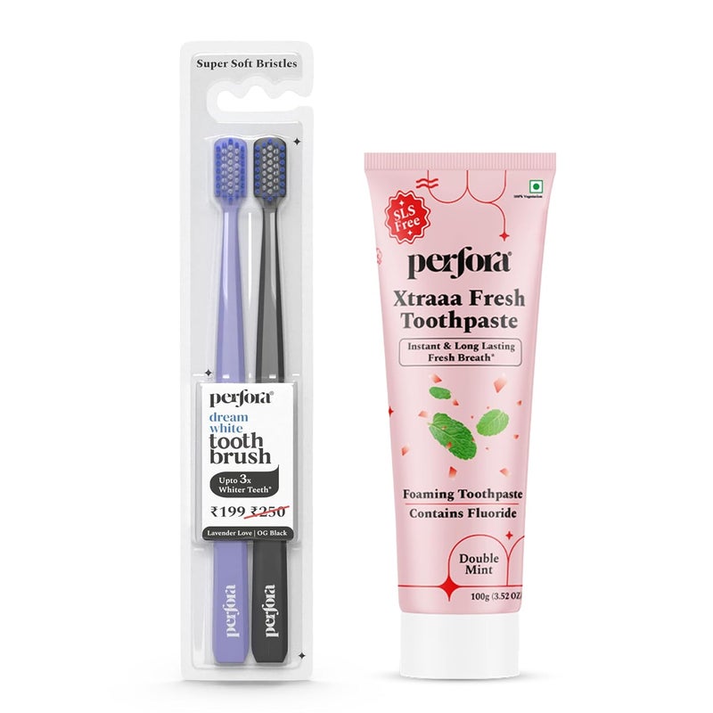 Perfora مجموعة تبييض الأسنان | فرشاة أسنان يدوية عبوة من 2 ومعجون أسنان إكسترا فريش - 100 جرام | تركيبة آمنة للمينا وخالية من الحساسية للعناية بالفم وإزالة بقع الأسنان - Image 1
