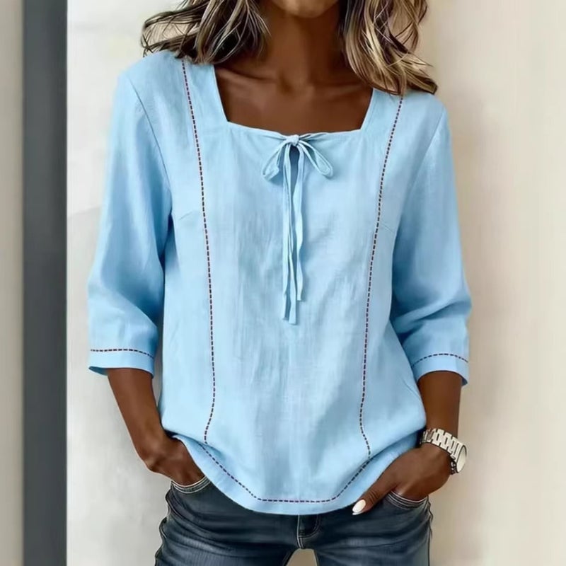 2026 Summer Loose Casual Printed Tie Square Neck Blouse for Women - Image 3