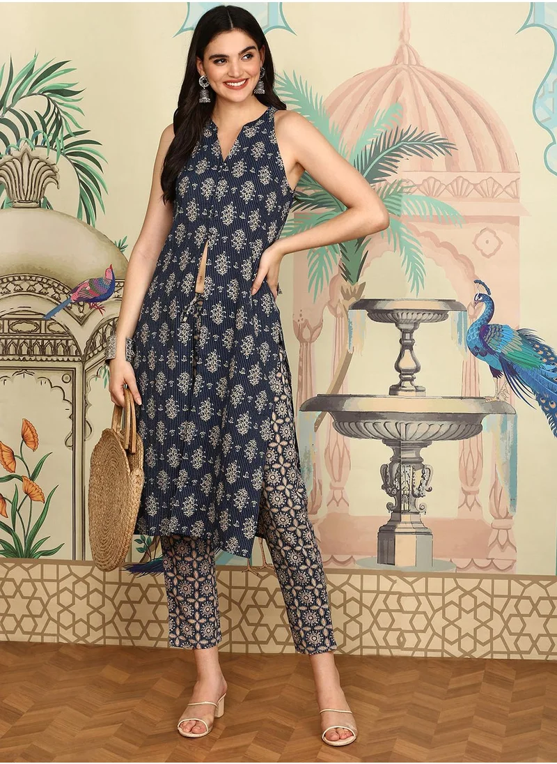 آي شين Ethnic Motifs Printed Mandarin Collar Pure Cotton Straight Kurta With Trousers