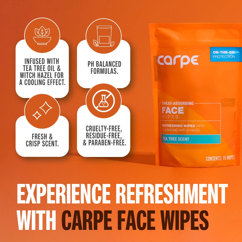 Carpe Sweat Absorbing Face Wipes (15 Facial Wipes). Witch Hazel & Tea Tree Oil Wipes Infused with Eucalyptus. Energizing, Refreshing, and Soothing. Sweat and Oil Control - Image 2