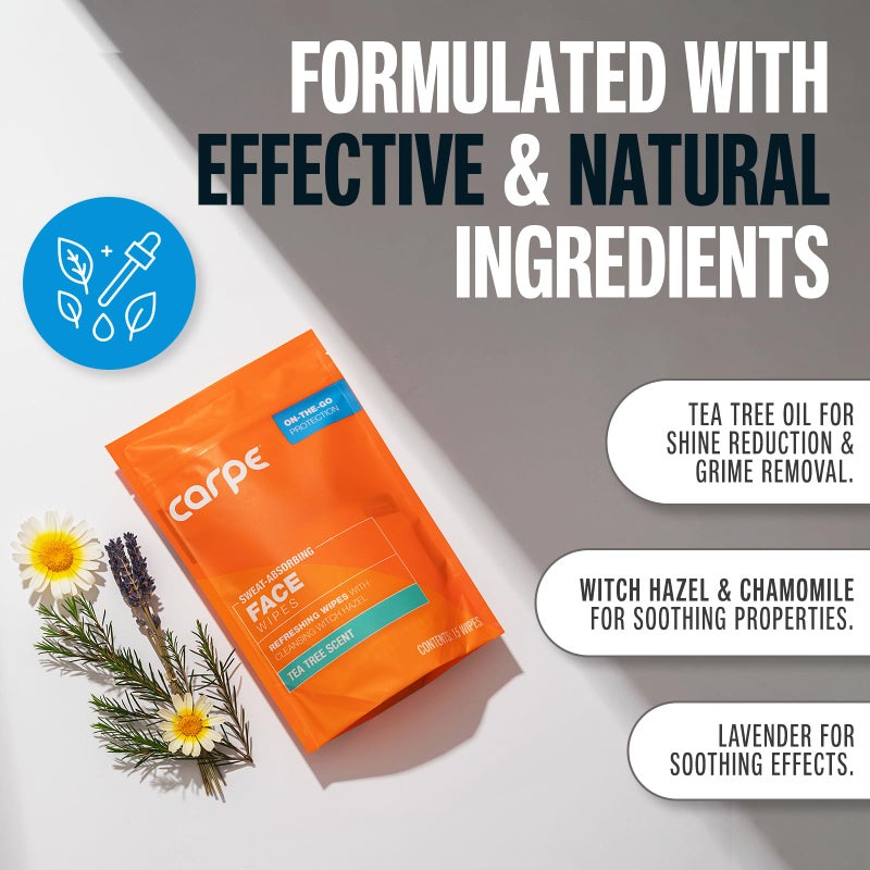 Carpe Sweat Absorbing Face Wipes (15 Facial Wipes). Witch Hazel & Tea Tree Oil Wipes Infused with Eucalyptus. Energizing, Refreshing, and Soothing. Sweat and Oil Control - Image 5