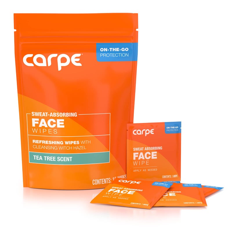Carpe Sweat Absorbing Face Wipes (15 Facial Wipes). Witch Hazel & Tea Tree Oil Wipes Infused with Eucalyptus. Energizing, Refreshing, and Soothing. Sweat and Oil Control - Image 1