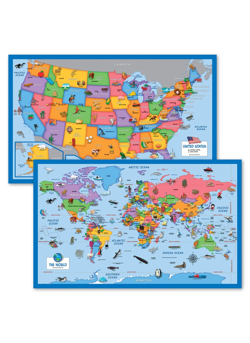 Palace Learning 2 Pack  World  USA Map for Kids Illustrated  2 Poster Set LAMINATED 18 x 29 