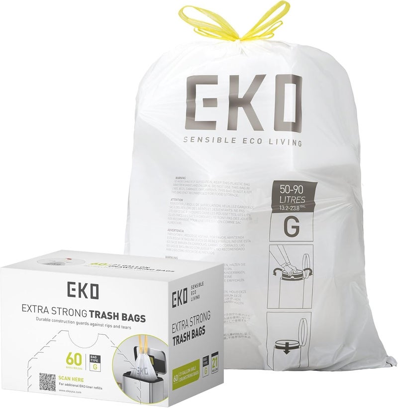 EKO 21 Gallon 5090 Liter 60 Count Drawstring Trash Bags ExtraStrong Unscented Garbage Bags EasyDispense Roll for Kitchen Household Use Code G White