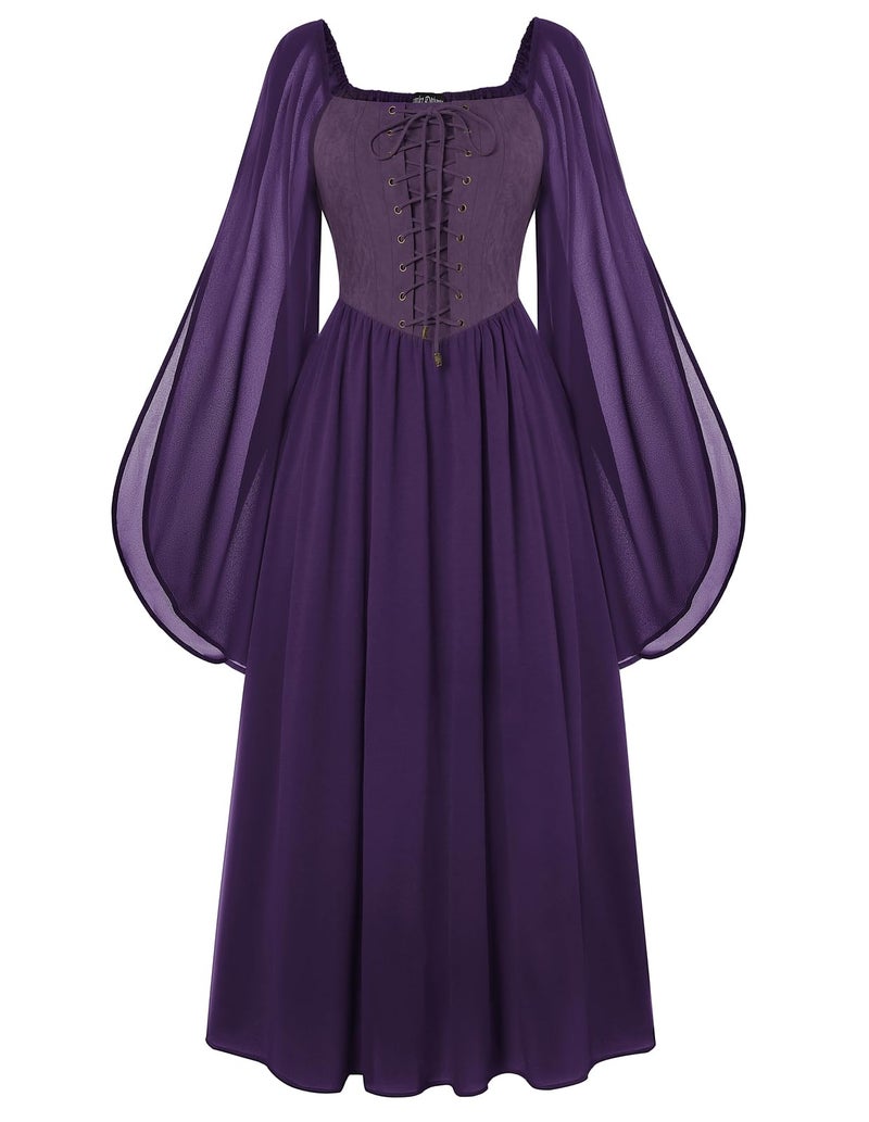 Scarlet Darkness Renaissance Dress Women Medieval Witch Costume Slit Sleeve Long Flowy Fairy Dresses Purple M - Image 1