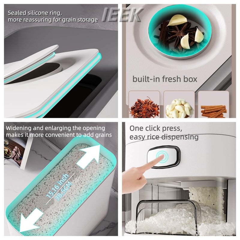 IEEK Rice Dispenser 12 Lbs,Large Cereal Dry Food Storage Containers Rice Storage Container Sealed Moisture Proof with Measuring Cup for Kitchen Pantry Household, White and Grey - Image 2
