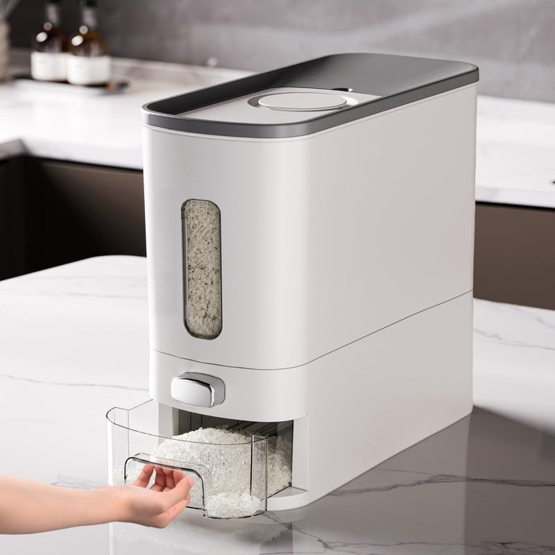 IEEK Rice Dispenser 12 Lbs,Large Cereal Dry Food Storage Containers Rice Storage Container Sealed Moisture Proof with Measuring Cup for Kitchen Pantry Household, White and Grey - Image 1