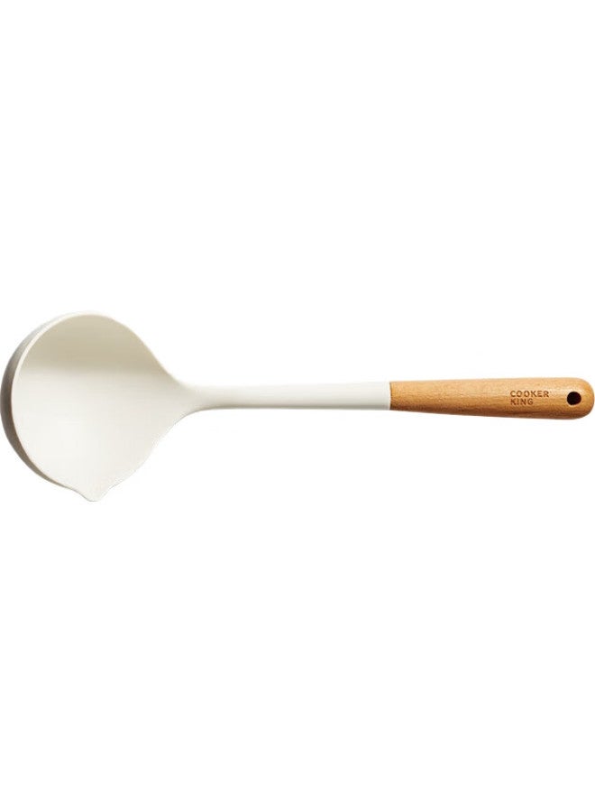 COOKER KING Chuidahuang Silicone Soup Ladle, Wooden Handle Non-Stick Soup Ladle For Hot Pot, Heat-Resistant, White - Image 1