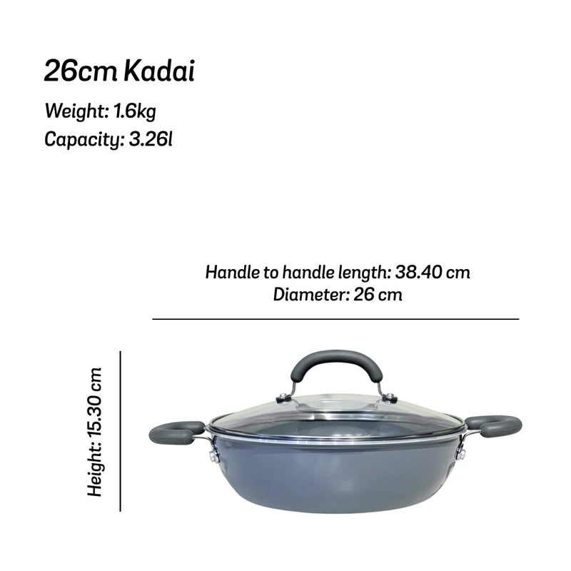 MEYER Meyer Anzen Ceramic Coated Aluminum Kadai with Glass Lid | Ceramic Kadai for Cooking | Kadhai Induction Base | Ceramic Coated Non Stick cookware | Deep Fry kadai, 26cm, Grey  - Image 4