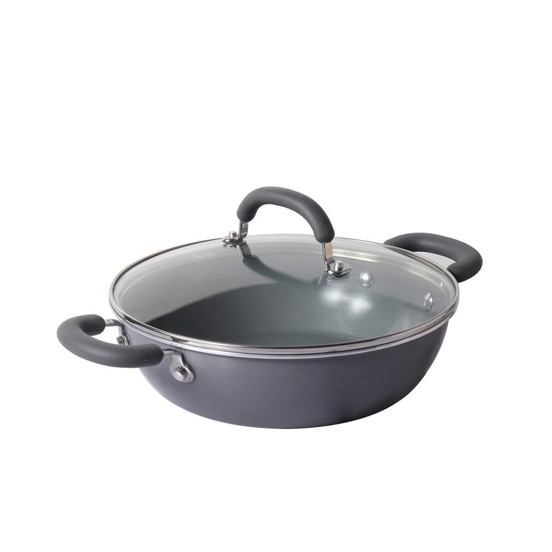 MEYER Meyer Anzen Ceramic Coated Aluminum Kadai with Glass Lid | Ceramic Kadai for Cooking | Kadhai Induction Base | Ceramic Coated Non Stick cookware | Deep Fry kadai, 26cm, Grey  - Image 1