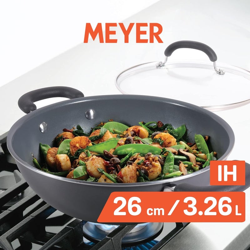 MEYER Meyer Anzen Ceramic Coated Aluminum Kadai with Glass Lid | Ceramic Kadai for Cooking | Kadhai Induction Base | Ceramic Coated Non Stick cookware | Deep Fry kadai, 26cm, Grey  - Image 2