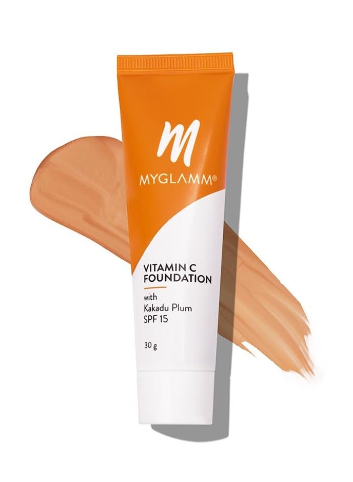 ماي جلام كريم أساس MyGlamm فيتامين C هوني متوسط ​​طويل الأمد بتغطية متوسطة إلى كاملة مع عامل حماية من الشمس SPF 15 وحمض الهيالورونيك 30 جم - Image 1