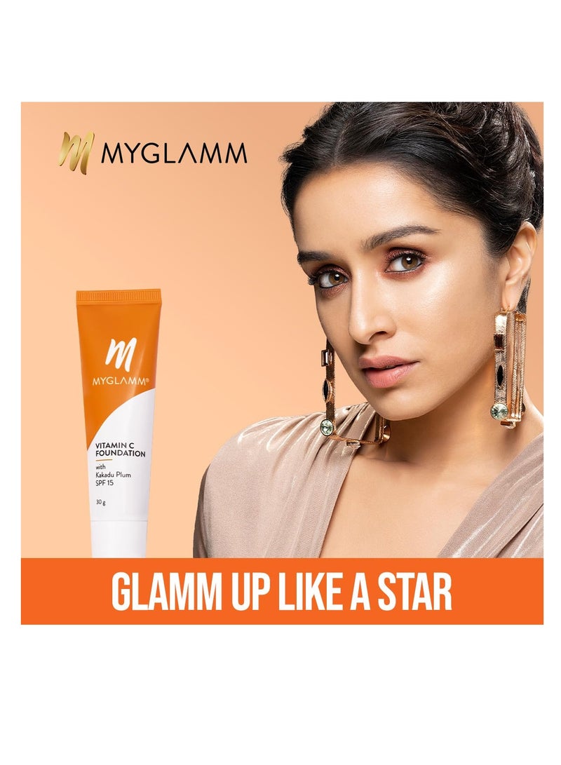 ماي جلام كريم أساس MyGlamm فيتامين C هوني متوسط ​​طويل الأمد بتغطية متوسطة إلى كاملة مع عامل حماية من الشمس SPF 15 وحمض الهيالورونيك 30 جم - Image 3