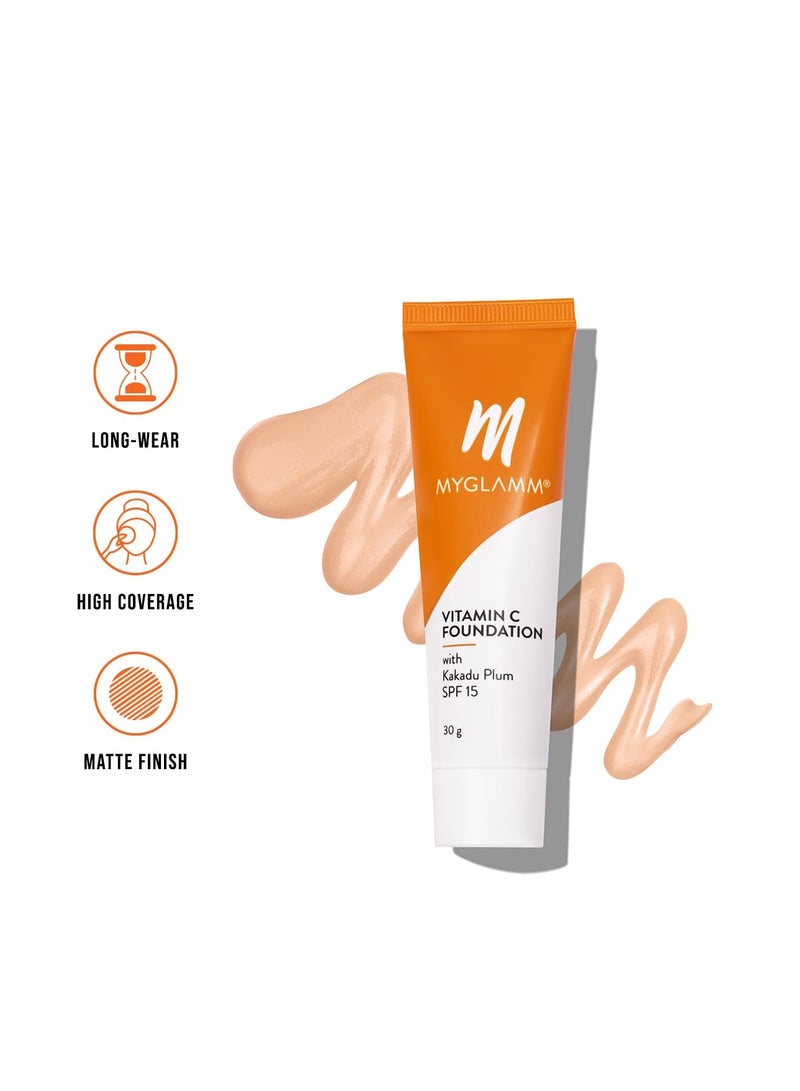 ماي جلام كريم أساس MyGlamm فيتامين C هوني متوسط ​​طويل الأمد بتغطية متوسطة إلى كاملة مع عامل حماية من الشمس SPF 15 وحمض الهيالورونيك 30 جم - Image 2