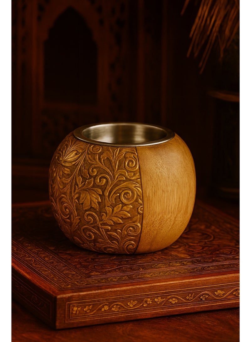 Roman Gifts موقد بخور دائري خشبي ومزخرف بالنحاس الفاخر - Image 1