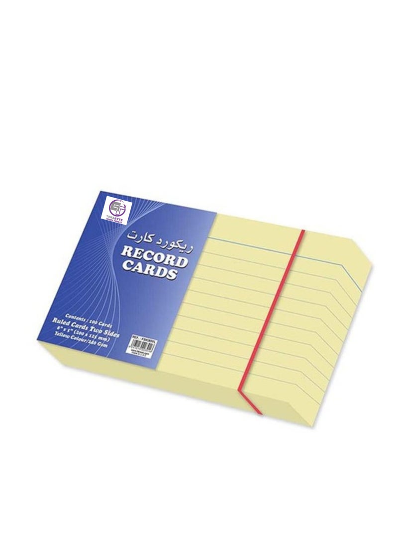 Terabyte Two Sides Ruled Record Card, 100-Cards, 200 x 125mm, 240 GSM, Yellow - Image 1