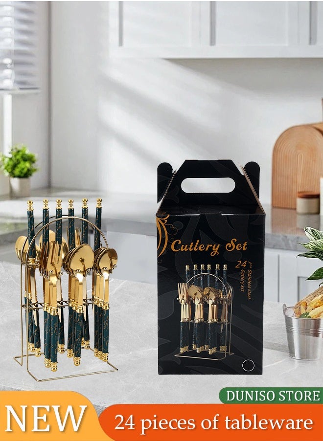 DUNISO 24 Pieces Of Stainless Steel Cutlery Set, Western Style Kitchen Utensil Set, Mirror Polished, With Knife, Fork, Spoon And Storage Rack, Suitable For Family Dining, Kitchen，Gatherings  - Image 1