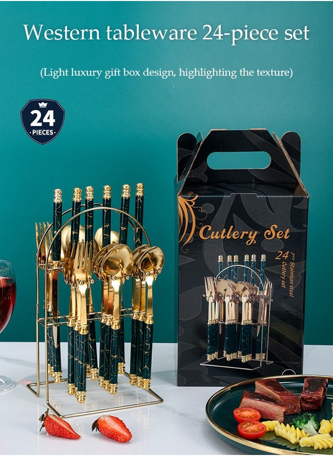 DUNISO 24 Pieces Of Stainless Steel Cutlery Set, Western Style Kitchen Utensil Set, Mirror Polished, With Knife, Fork, Spoon And Storage Rack, Suitable For Family Dining, Kitchen，Gatherings  - Image 3