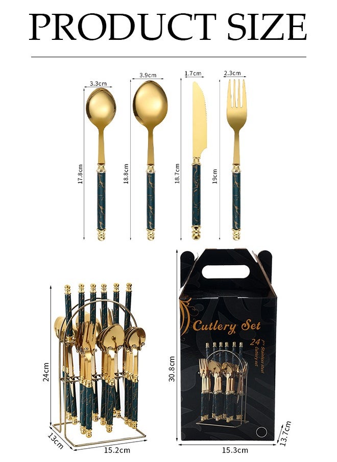 DUNISO 24 Pieces Of Stainless Steel Cutlery Set, Western Style Kitchen Utensil Set, Mirror Polished, With Knife, Fork, Spoon And Storage Rack, Suitable For Family Dining, Kitchen，Gatherings  - Image 2