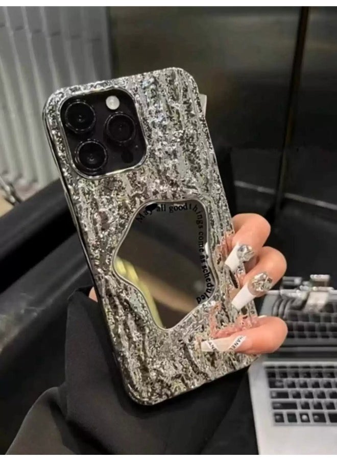 Rock Texture Phone Case for iPhone 16 Pro Max with Makeup Mirror