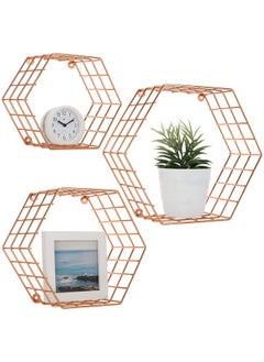 MyGift Copper Floating Hexagon Shelves, Hexagonal Copper-Tone Wire Wall-Mounted Hanging Shelf, Set Of 3  - Image 1