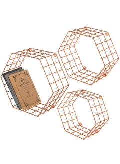 MyGift Copper Floating Hexagon Shelves, Hexagonal Copper-Tone Wire Wall-Mounted Hanging Shelf, Set Of 3  - Image 2