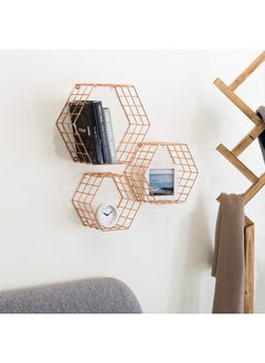 MyGift Copper Floating Hexagon Shelves, Hexagonal Copper-Tone Wire Wall-Mounted Hanging Shelf, Set Of 3  - Image 3