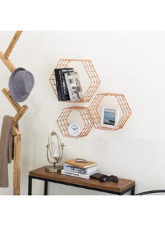 MyGift Copper Floating Hexagon Shelves, Hexagonal Copper-Tone Wire Wall-Mounted Hanging Shelf, Set Of 3  - Image 4