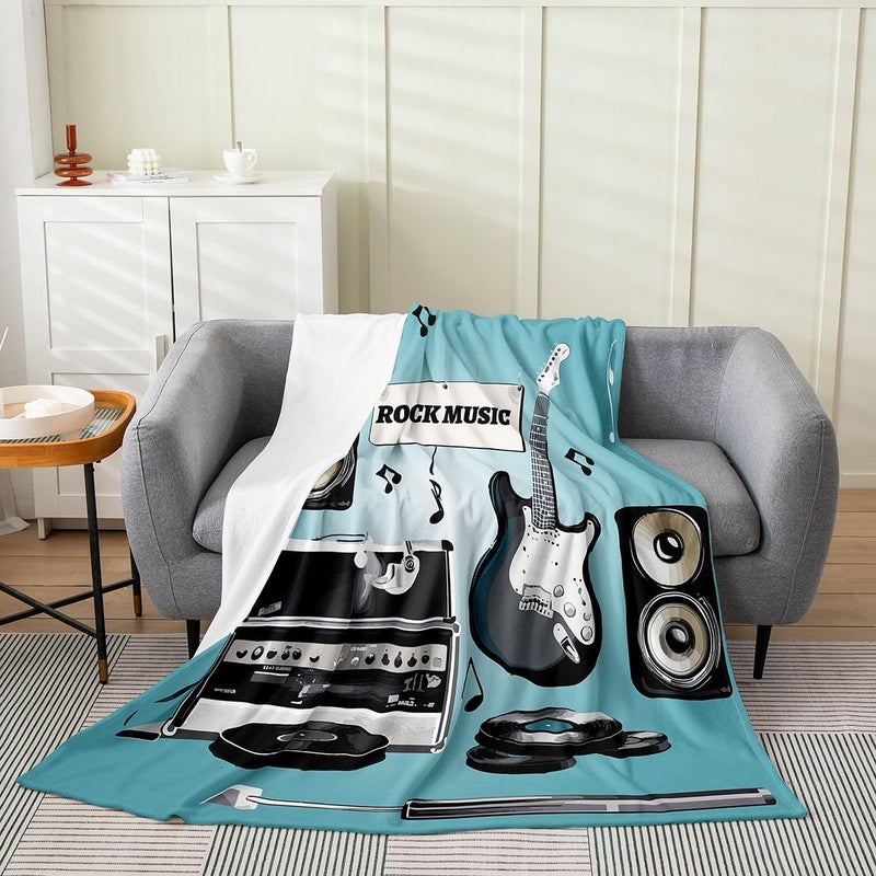 Guitar All Season,Bed Blanket Rock Music Flannel Fleece Blanket Musical Guitar Instruments Plush Throw Blanket, for Kids Adults Popstar Party Blue Ultra Soft Room Decor Throw 50"x60" - Image 1