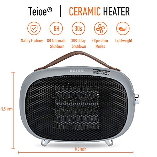 Teioe Space Heater, Teioe Mini Electric Space Heater 800W/400W, Small PTC Ceramic Heater with Tip-Over and Overheat Protection, 3 Operating Modes, Space Heaters for Office, Bedroom and Under Desk (GREY) - Image 2
