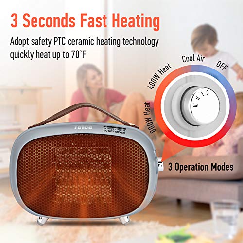 Teioe Space Heater, Teioe Mini Electric Space Heater 800W/400W, Small PTC Ceramic Heater with Tip-Over and Overheat Protection, 3 Operating Modes, Space Heaters for Office, Bedroom and Under Desk (GREY) - Image 3