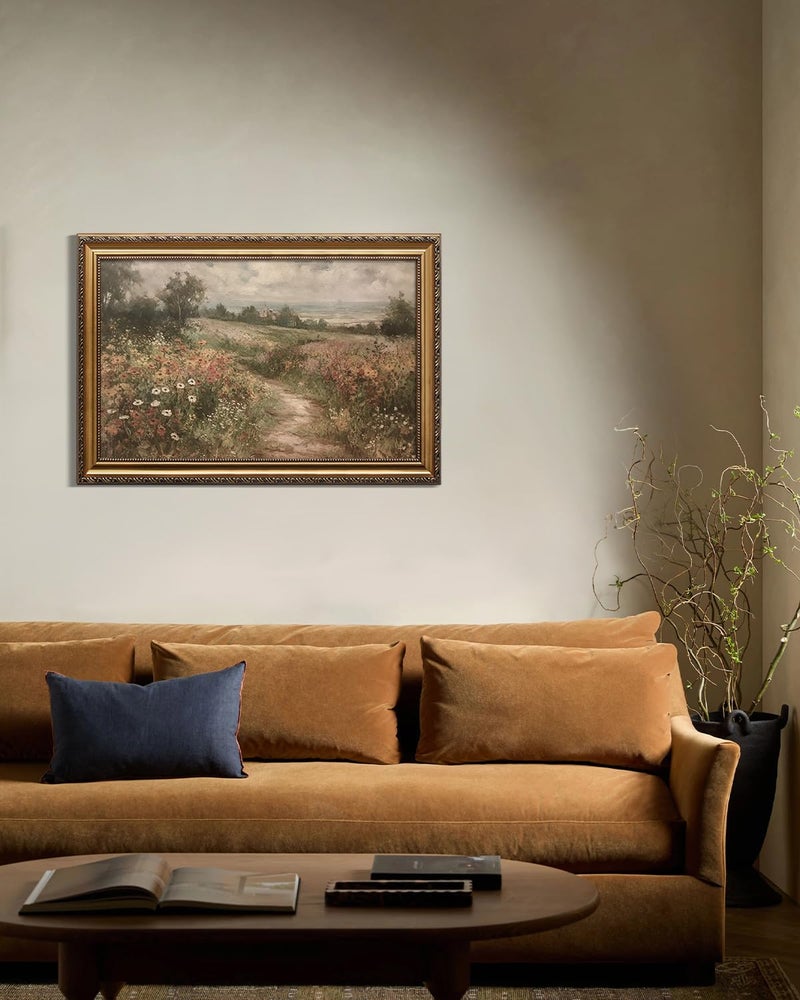 KBKBART Gold Framed Canvas Wall Art for Living Room, Vintage Countryside Wildflower Field Painting Farmhouse Decor, Retro Nature Wilderness Canvas Art Prints for Wall Decor, Rustic Landscape Wall Decor for Bathroom, Bedroom Living Room, Vintage Art Wall Dec or(16"x24") - Image 3