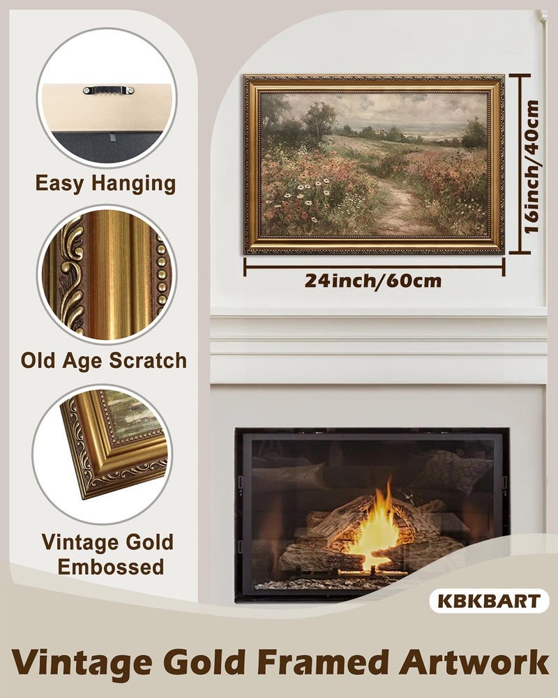 KBKBART Gold Framed Canvas Wall Art for Living Room, Vintage Countryside Wildflower Field Painting Farmhouse Decor, Retro Nature Wilderness Canvas Art Prints for Wall Decor, Rustic Landscape Wall Decor for Bathroom, Bedroom Living Room, Vintage Art Wall Dec or(16"x24") - Image 2