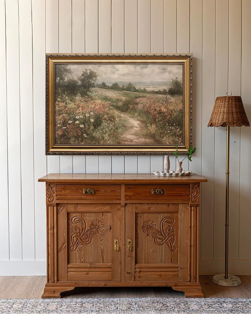 KBKBART Gold Framed Canvas Wall Art for Living Room, Vintage Countryside Wildflower Field Painting Farmhouse Decor, Retro Nature Wilderness Canvas Art Prints for Wall Decor, Rustic Landscape Wall Decor for Bathroom, Bedroom Living Room, Vintage Art Wall Dec or(16"x24") - Image 4