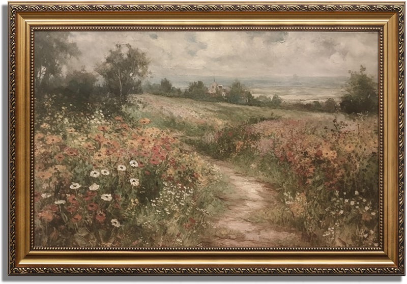 KBKBART Gold Framed Canvas Wall Art for Living Room, Vintage Countryside Wildflower Field Painting Farmhouse Decor, Retro Nature Wilderness Canvas Art Prints for Wall Decor, Rustic Landscape Wall Decor for Bathroom, Bedroom Living Room, Vintage Art Wall Dec or(16"x24") - Image 1