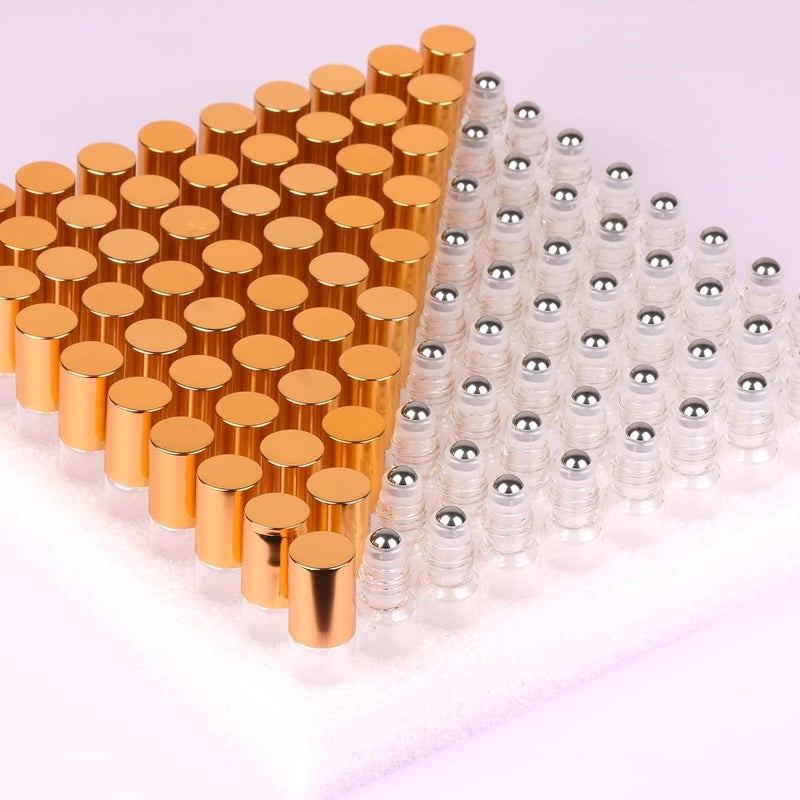 MaxMau Pack of 100,5ml Clear Glass Roll on Bottle Essential Oil Roller Bottles with Stainless Steel Roller Balls and Golden Painted Lids for Daily Aromatherapy Sample Test Travel