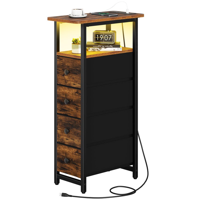 Yoobure Narrow Dresser for Bedroom LED Skinny Nightstand with Charging Station Small Dresser Night Stand Slim Tall Bedside Table Storage Cabinet Narrow Side Table for Small Spaces