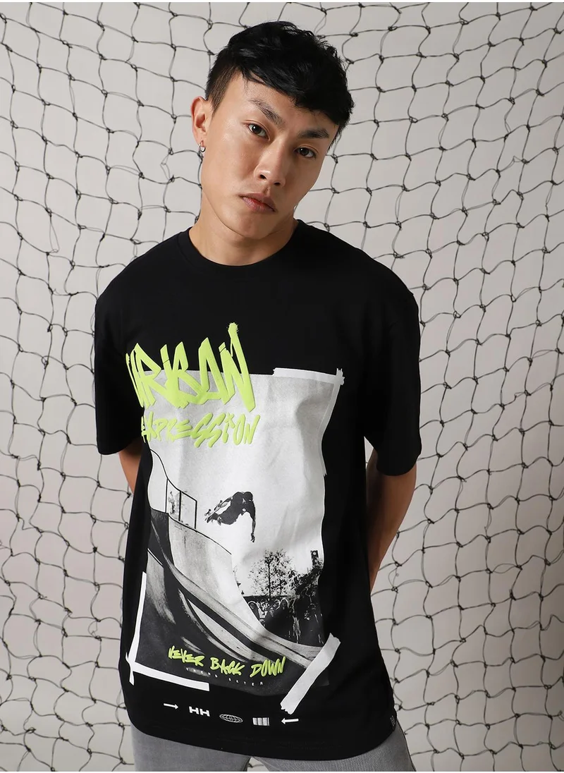 هوبرهولمي Men's Black 100% Cotton Printed Oversized T-Shirt