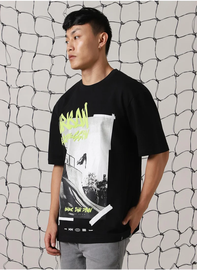 هوبرهولمي Men's Black 100% Cotton Printed Oversized T-Shirt