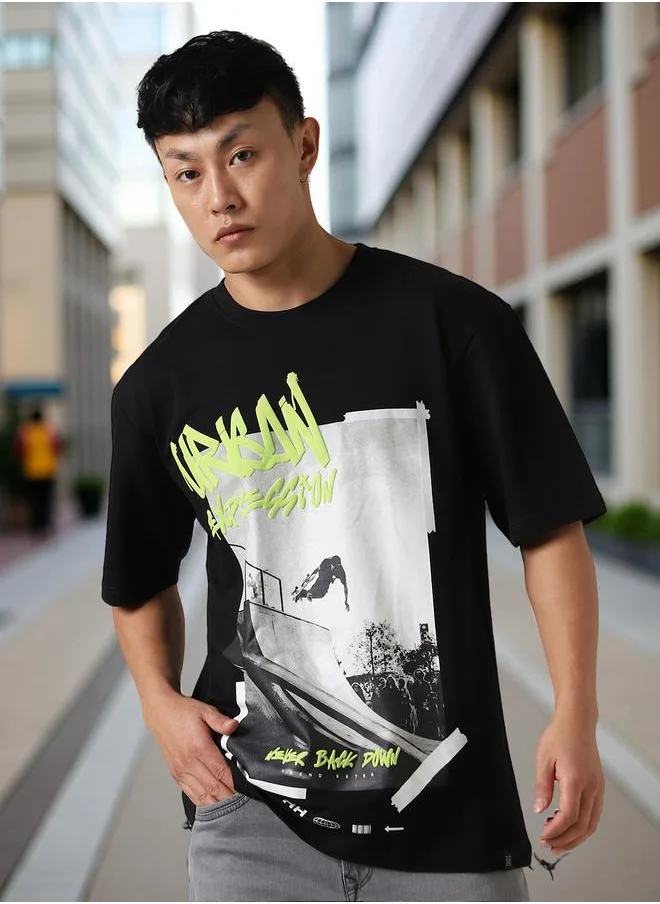 Hubberholme Men's Black 100% Cotton Printed Oversized T-Shirt