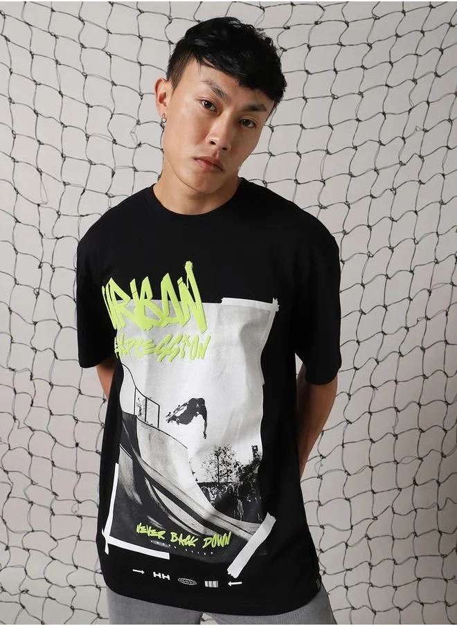 Hubberholme Men's Black 100% Cotton Printed Oversized T-Shirt