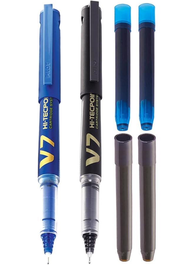 بايلوت قلم V7 Hi Tecpoint بنظام خرطوشة 1 قلم أزرق و1 قلم أسود و2 خرطوشة زرقاء و2 خرطوشة سوداء - Image 1