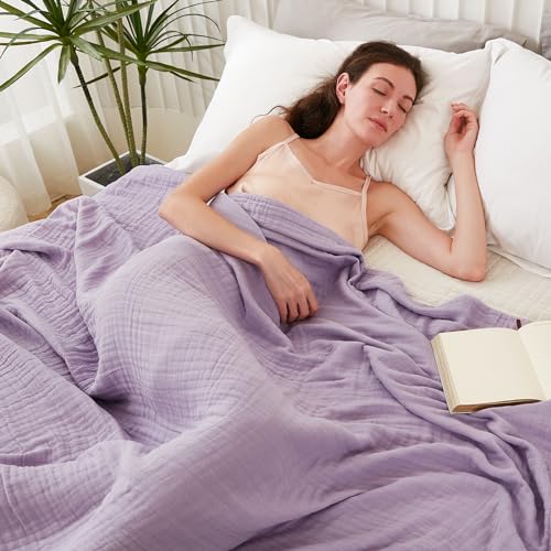 EMME Cotton Throw Blanket for Couch Soft Airy Muslin Bed Blankets Lightweight Breathable Blanket All Season Gauze Blanket, Lavender - Image 4