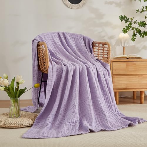 EMME Cotton Throw Blanket for Couch Soft Airy Muslin Bed Blankets Lightweight Breathable Blanket All Season Gauze Blanket, Lavender - Image 2