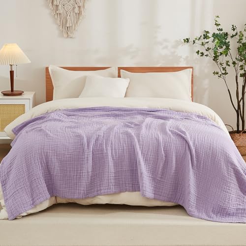 EMME Cotton Throw Blanket for Couch Soft Airy Muslin Bed Blankets Lightweight Breathable Blanket All Season Gauze Blanket, Lavender - Image 3